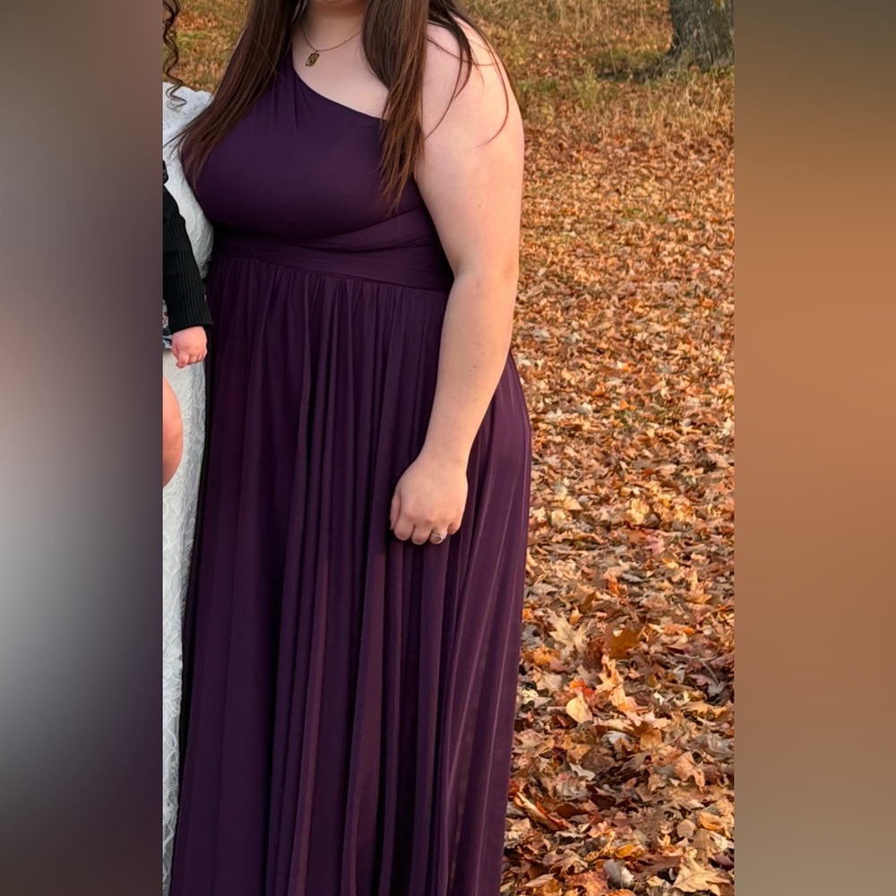 Size 16 David’s Bridal “Plum” dress. One shoulder, zipper in back.